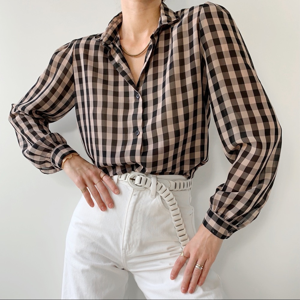 FINAL SALE - Vintage 90s checkered puff shoulder sheer rounded collar blouse